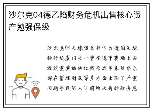 沙尔克04德乙陷财务危机出售核心资产勉强保级 沙尔克04德乙陷财务危机出售核心资产勉强保级