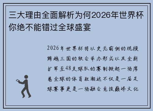 三大理由全面解析为何2026年世界杯你绝不能错过全球盛宴