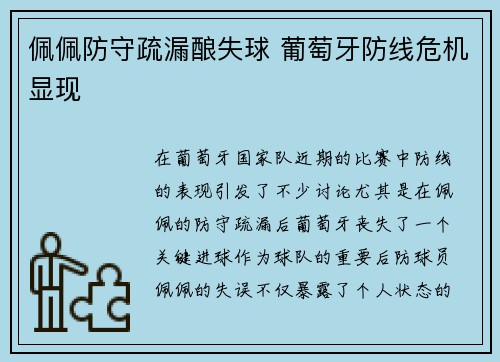 佩佩防守疏漏酿失球 葡萄牙防线危机显现